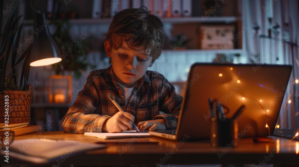 The Portrait of a Boy Doing Homework shows a smart little boy using a laptop for learning and writing down useful information. The Portrait of a Boy Doing Homework shows a smart little boy using a laptop for learning and writing down useful information.