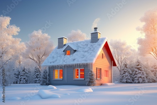 Wallpaper Mural Picturesque snowy scene with a warm, inviting cabin amid frosty trees as the sun sets Torontodigital.ca