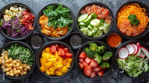 A collection of black bowls filled with a bright selection of healthy food ready to eat photo