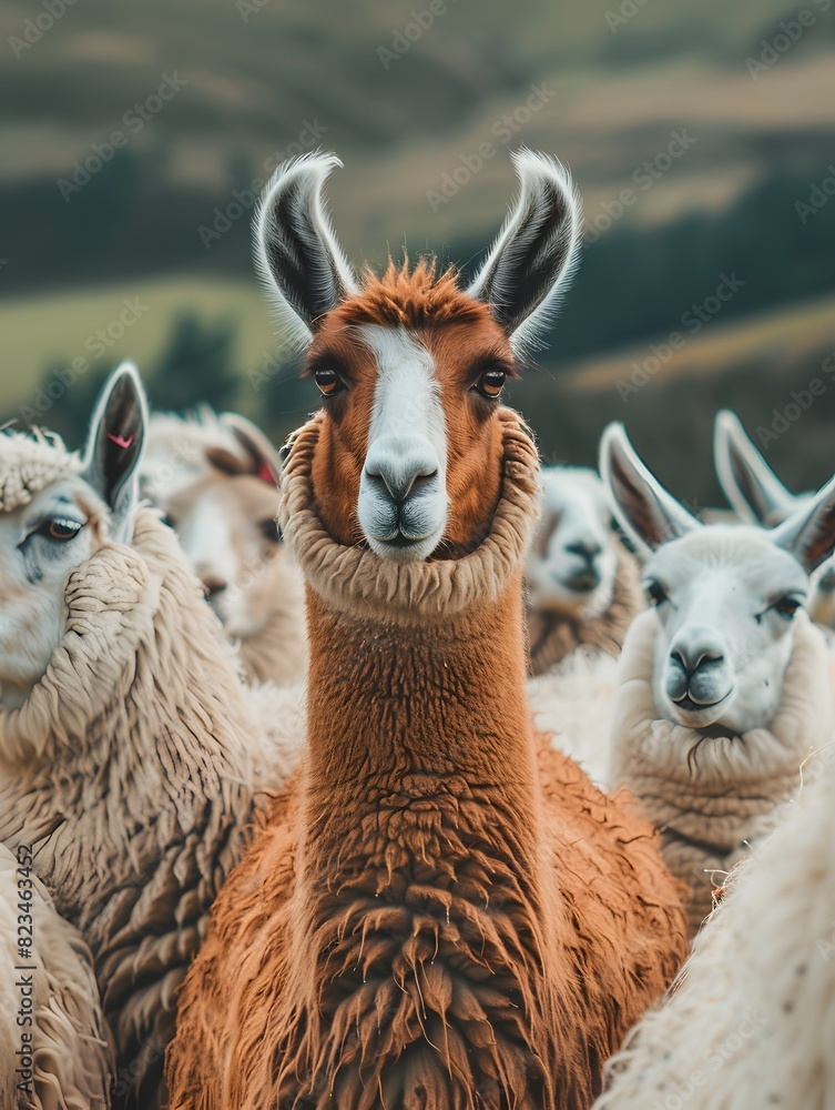 Obraz premium Llama Standing Out Among Sheep in Field - Generative AI