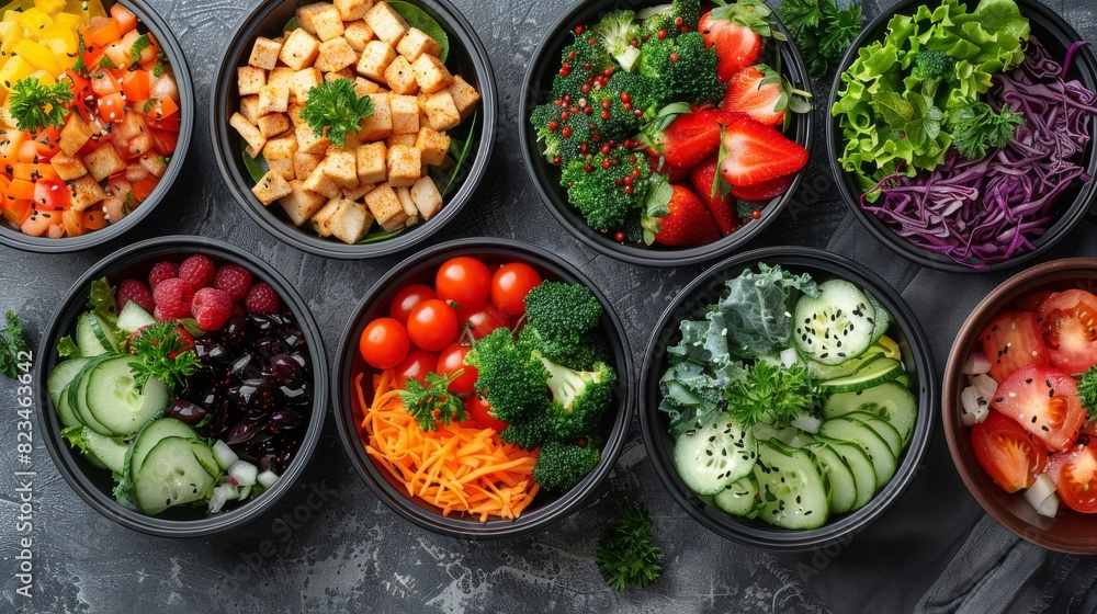 An array of colorful healthy food options with fruits and vegetables on a dark surface