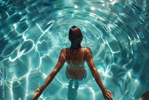 Woman Relaxing in Sunlit Pool with Rippling Water - Generative ai
