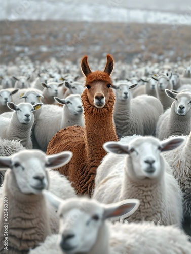 Brown Llama Among White Sheep in a Winter Landscape - Generative ai