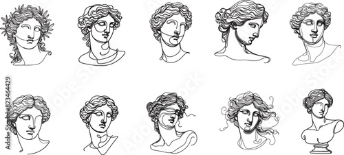  set of heads of the antique  goddess , line art for the design of clothing, furniture, dishes, posters and placards