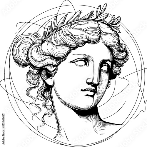 head of the antique  goddess , line art for the design of clothing, furniture, dishes, posters and placards