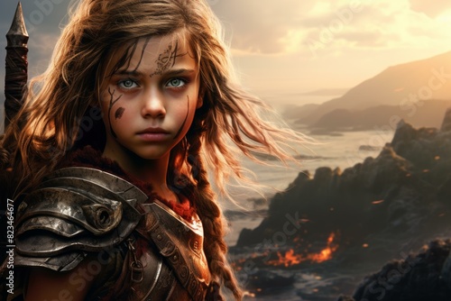 Intense young girl in warrior attire, stands poised in a dramatic fantasy setting