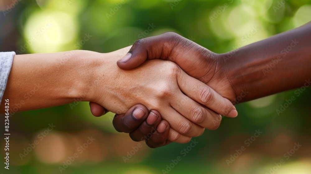 Close-up of two hands, one dark-skinned and one light-skinned, shaking in unity and agreement, symbolizing diversity and cooperation. Close-up of two hands, one dark-skinned and one light-skinned, shaking in unity and agreement, symbolizing diversity and cooperation.