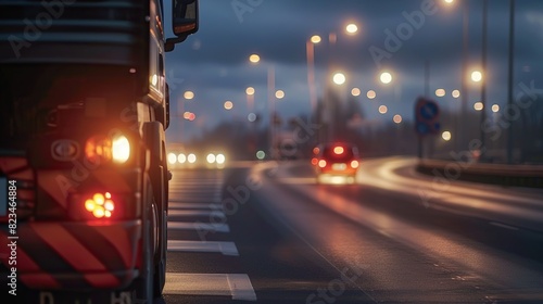 A busy highway with cars and trucks driving in both directions. The road is wet from the rain and the sun is rising in the background. photo