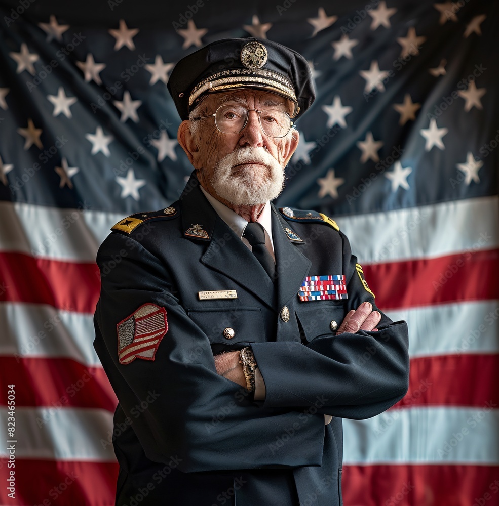 A proud old soldier in uniform standing with crossed arms in front of an American flag backdrop, celebrating Independence Day A proud old soldier in uniform standing with crossed arms in front of an American flag backdrop, celebrating Independence Day