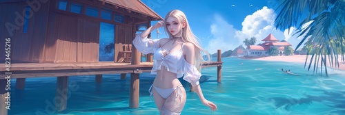 Anime Style Girl in White Bikini by Beach Hut