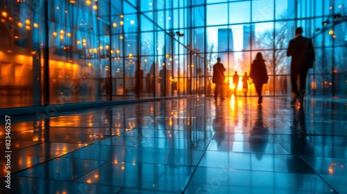 Silhouettes of individuals walking inside a contemporary architectural setting with reflections and warm color tones © familymedia