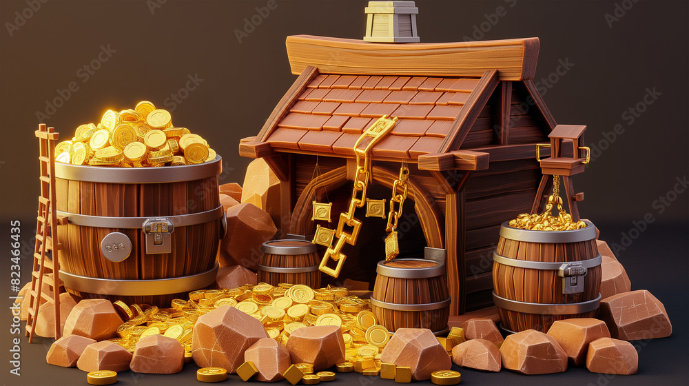 Asset of Gold mining isolation on dark background, Illustration