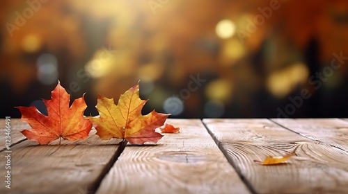 Abstract autumnal backgrounds with maple leaves over old wooden desk photo