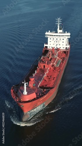 Oil tanker in the sea. Vertical video