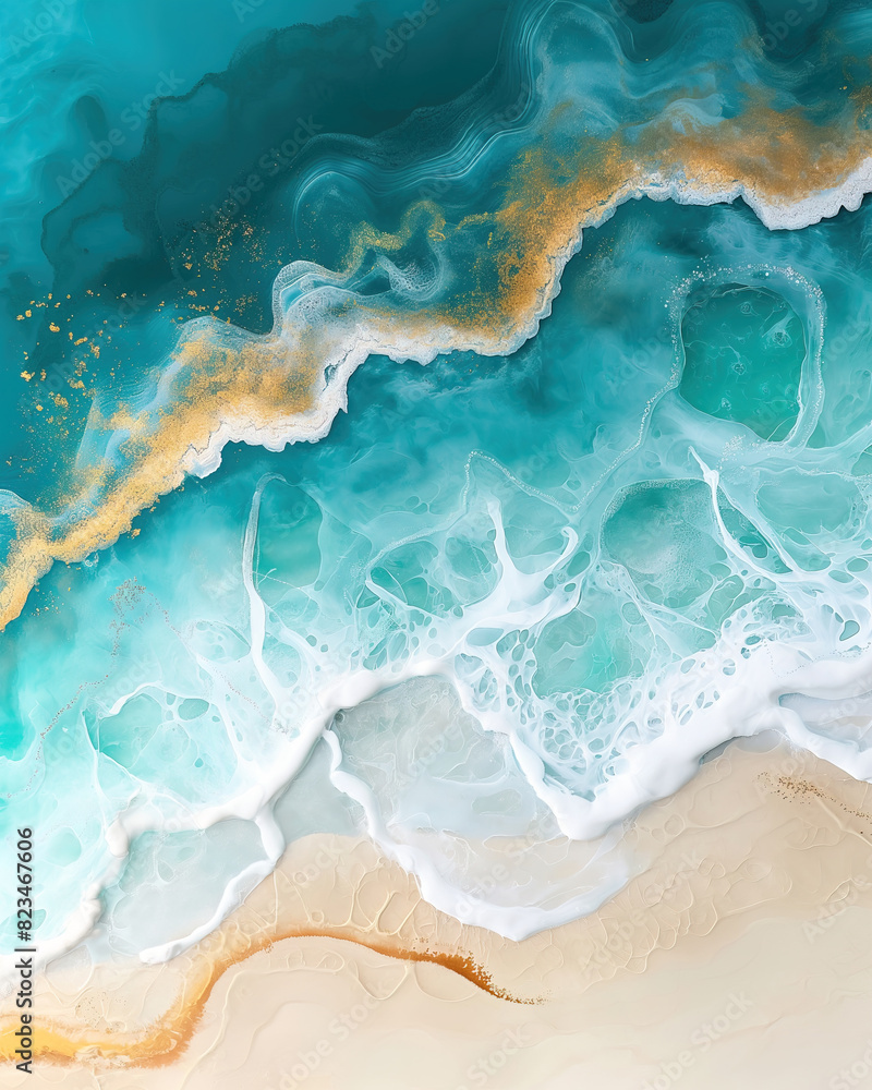 Naklejka premium Beautiful beach sand and water, turquoise blue with white waves, alcohol ink in the style of thin gold lines.