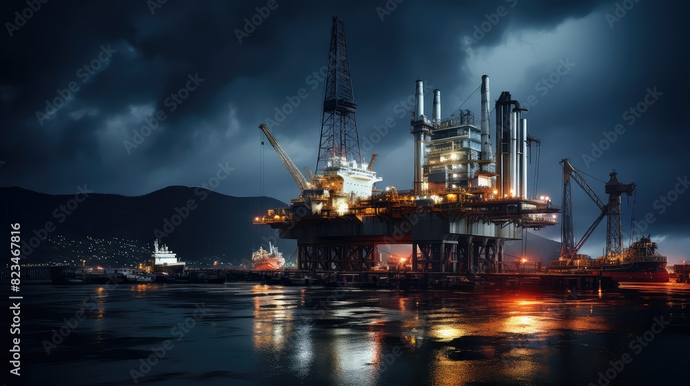 storm oil rig at night
