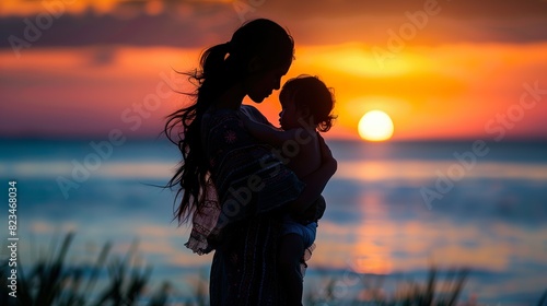 Serene Beach Sunset with Mother Holding Child - ai generative