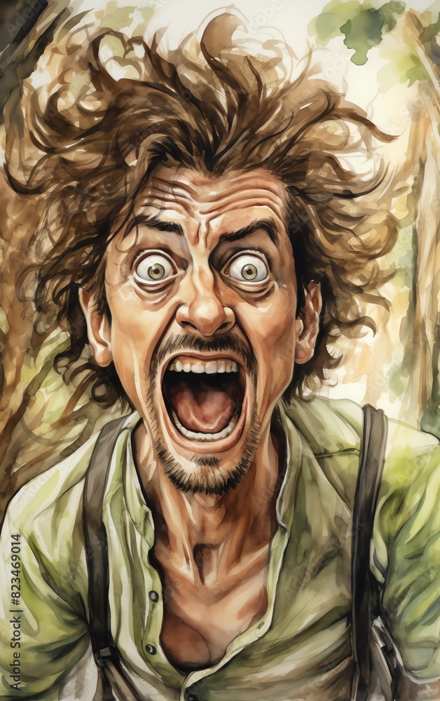 A watercolor painting of a man screaming in terror A watercolor painting of a man screaming in terror
