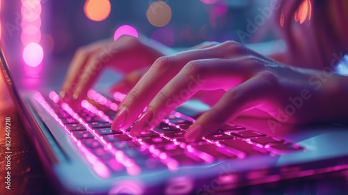 Close-up of hands typing on a glowing neon-lit laptop keyboard, with a focus on advanced technology