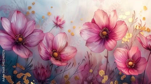 Wedding Frame With A Bouquet Of Watercolor Flowers And A Gold Border