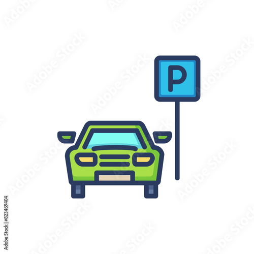 Parking area thin line icon. Vehicle parking near road sign. Isolated outline sign. Car driving, parking place, transport concept. Vector illustration, symbol element for web design and apps