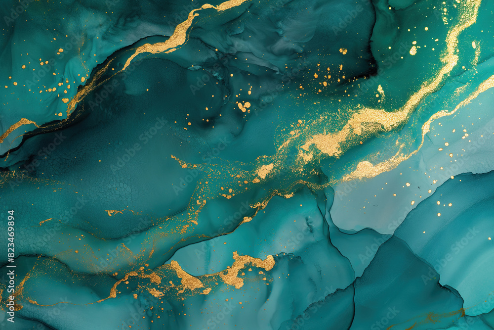 Abstract teal and gold marble background, alcohol ink creating flowing watercolor effects. Abstract teal and gold marble background, alcohol ink creating flowing watercolor effects.