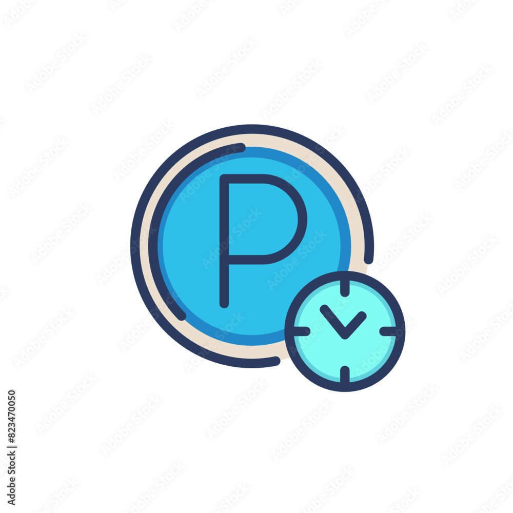 Parking hours line icon. Circular parking symbol, clock, time isolated outline sign. Roadside sign, car driving, warning concept. Vector illustration, symbol element for web design and apps Parking hours line icon. Circular parking symbol, clock, time isolated outline sign. Roadside sign, car driving, warning concept. Vector illustration, symbol element for web design and apps