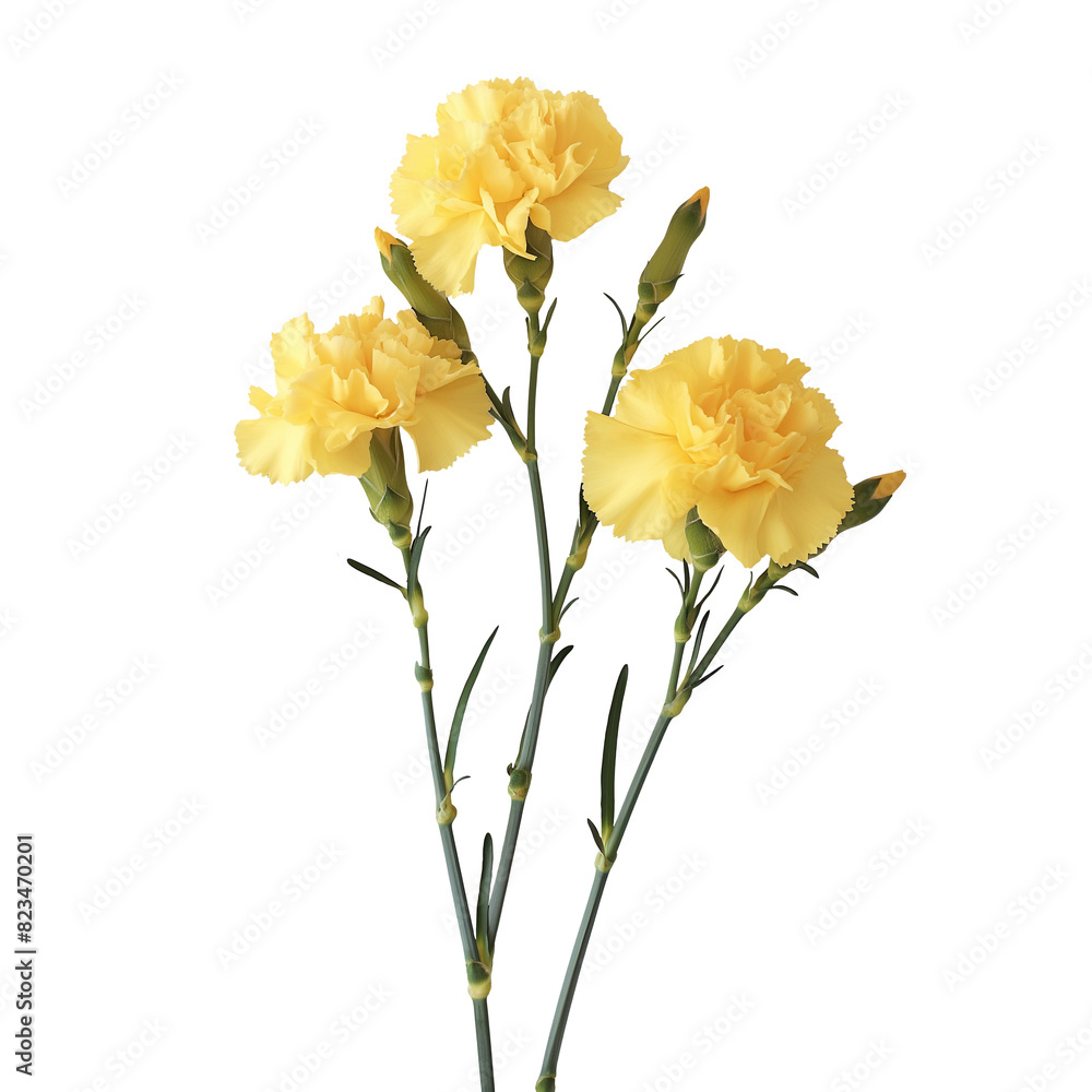 Three yellow flowers with green stems. The flowers are in a row and are the same size Three yellow flowers with green stems. The flowers are in a row and are the same size