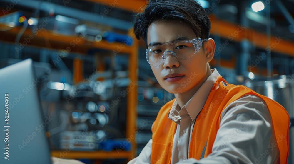 An Asian male engineer works on a laptop computer at an electronics factory in an orange safety vest handling daily tasks and research data.