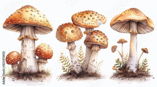 An amanita mushroom, a cartoon oyster mushroom, an autumn harvesting mushroom, and a tasty shiitake boletus grow in the forest