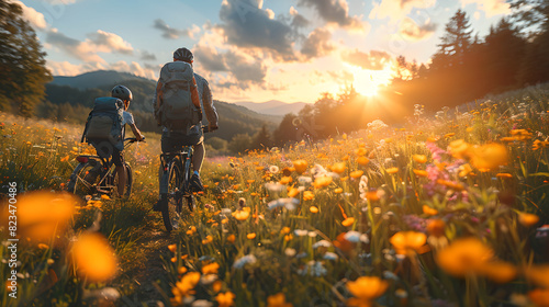 Cyclists riding mountain bikes on sunny wildflower field trail