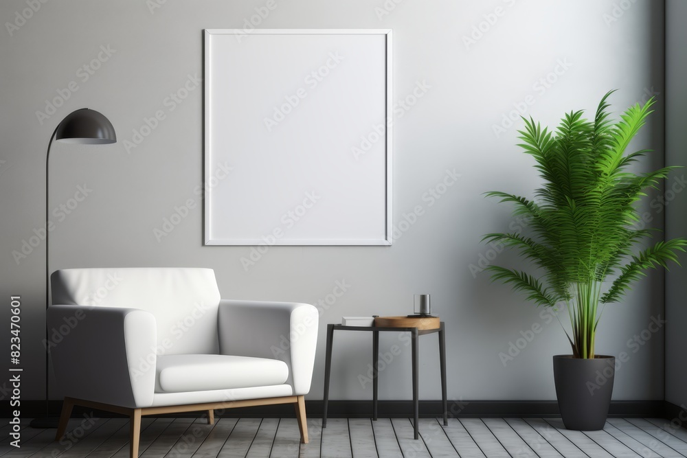 Fototapeta premium Blank poster on a wall in a modern office, sleek furniture, bright lighting