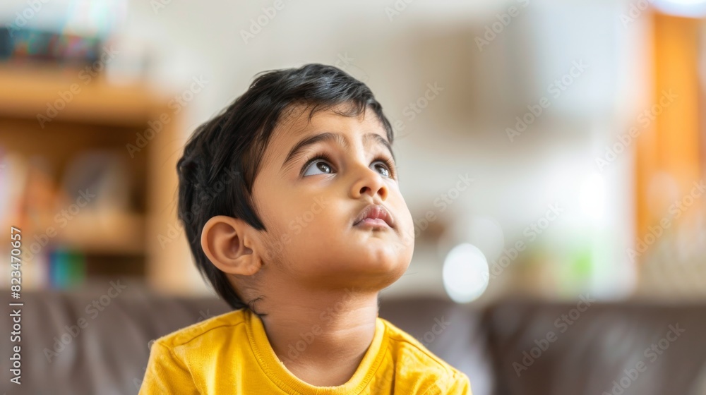 Toddler Indian male daydreaming, seated in a lively environment Toddler Indian male daydreaming, seated in a lively environment