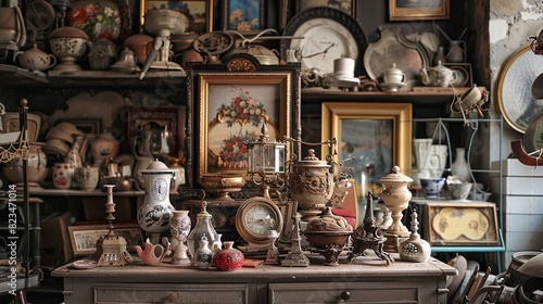 A cluttered antique shop, with many old and dusty items