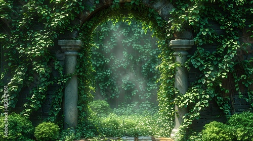 An ivy arch in an old garden, an old castle entrance arch, a wedding gate with vines and green creepers, and an arch with vines and green creepers. photo