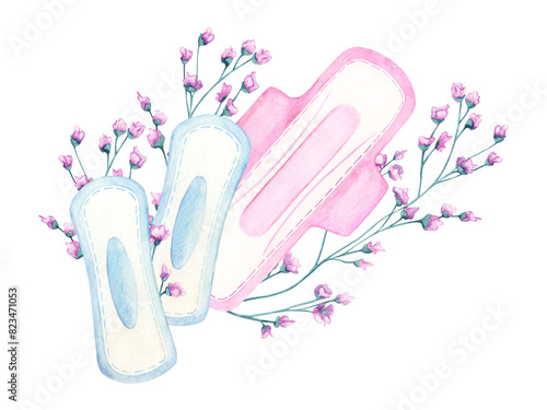 Menstrual period. Set of various feminine sanitary pads pink blue colors. Pads for every day. Women's daily sanitary pads. Watercolor hand drawn illustration
