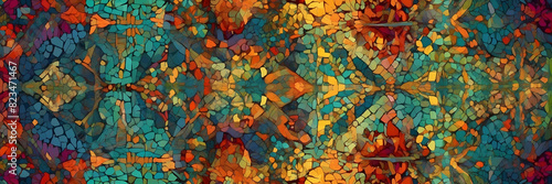 This image displays a kaleidoscope-like geometric pattern with a mosaic texture and vivid colors photo