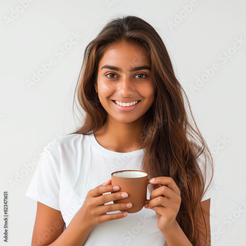 Young Indian Woman In White T-Shirt Holding A Cup Of Masala Tea on White Background Isolated