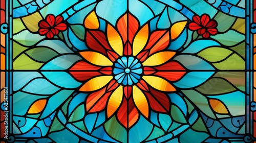 Intricate primary tone mandala backdrop with vivid and colorful stained glass artistry