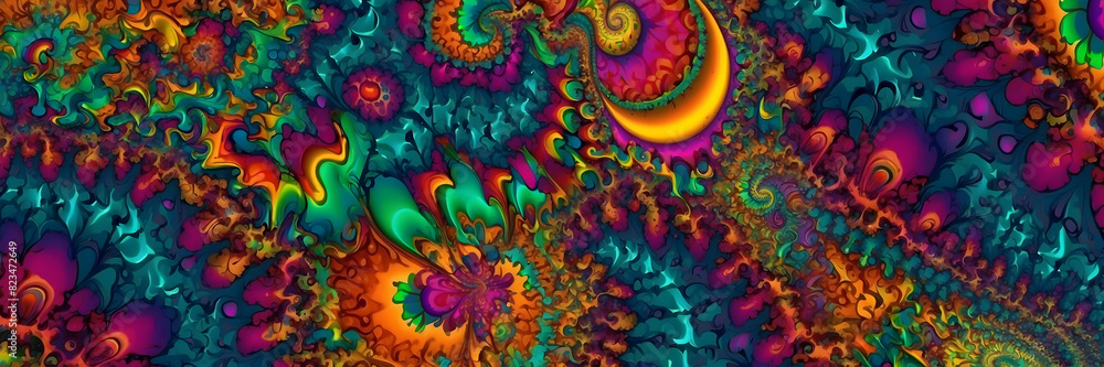 This vibrant image showcases an intricate fractal pattern with a psychedelic feel, featuring a blend of vivid colors and abstract shapes This vibrant image showcases an intricate fractal pattern with a psychedelic feel, featuring a blend of vivid colors and abstract shapes