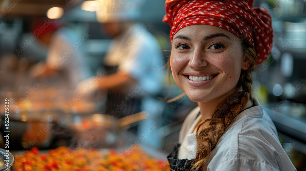 A beautiful portrait of a girl working in the kitchen, the woman looks into the frame. Woman cook food and cooking. generative ai A beautiful portrait of a girl working in the kitchen, the woman looks into the frame. Woman cook food and cooking. generative ai