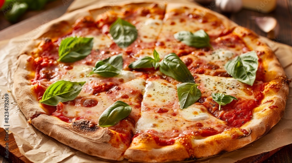 Pizza margherita. Delicious juicy hot pizza. Italian Cuisine. Italian food. Pizza margherita. Delicious juicy hot pizza. Italian Cuisine. Italian food.