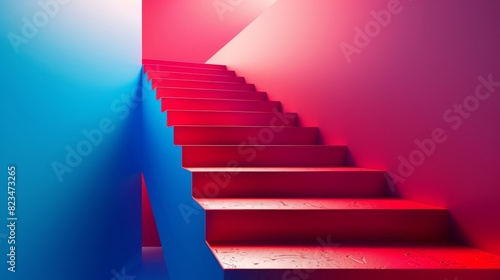 Modern background with red and blue minimalist stairs in 3D
