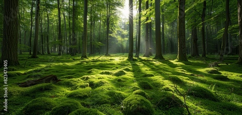 Fototapeta Naklejka Na Ścianę i Meble -  Lush green forest with sunlight filtering through the trees and a carpet of moss