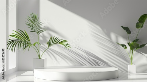 This minimal white platform podium scene is for the presentation of a product modern mockup