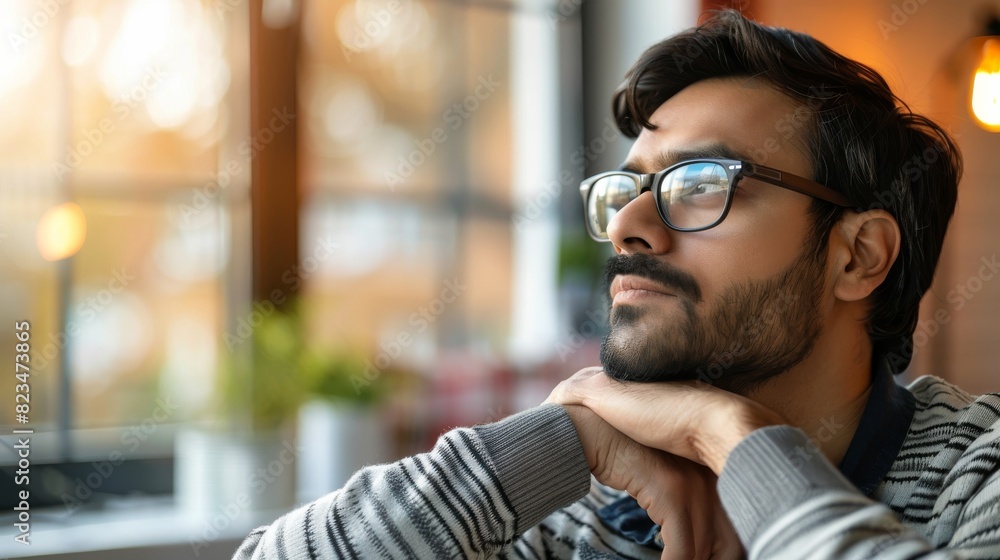 A man with glasses sitting in front of a window, deep in thought A man with glasses sitting in front of a window, deep in thought