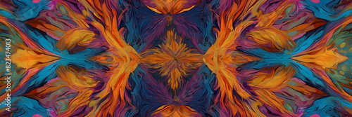 Colorful kaleidoscopic pattern with symmetrical design featuring warm and cool colors in an abstract art form