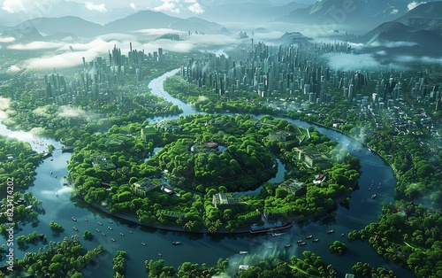 Capture a panoramic view of a utopian city nestled in lush greenery with pristine rivers photo