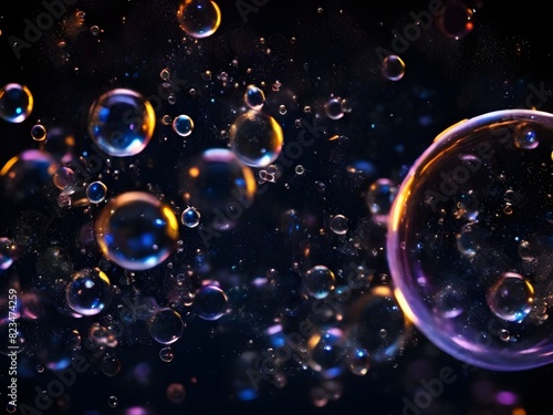 Glowing background with bubbles and stars bubbles isolated on black glowing background. Generative AI