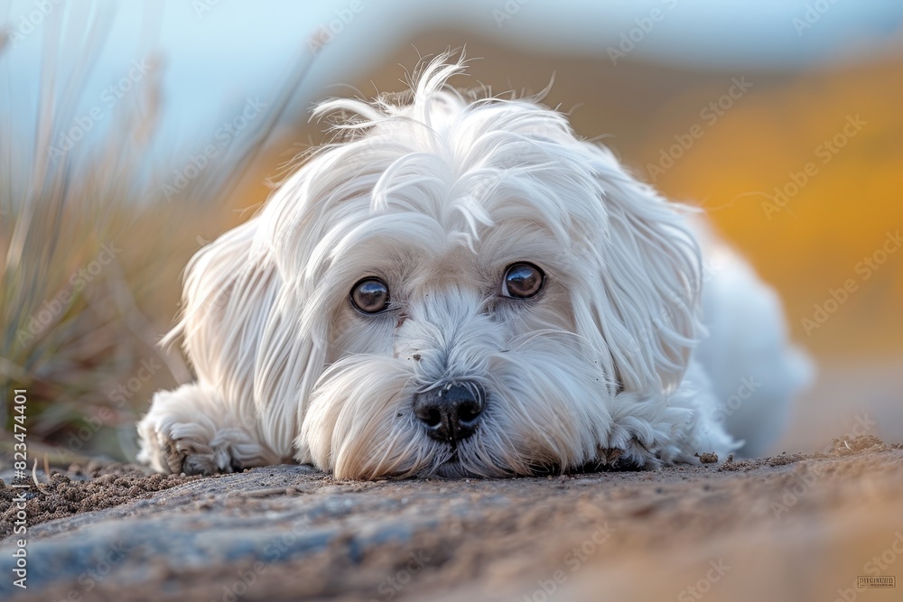 Adorable white puppy peacefully resting in the dirt, creating a heartwarming scene Adorable white puppy peacefully resting in the dirt, creating a heartwarming scene
